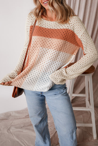 Aprikosenfarbener Pointelle-Strick-Baggy-Pullover mit Farbblockdesign