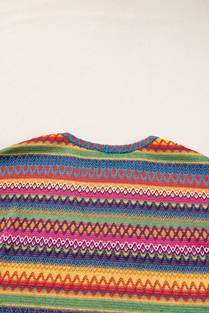 Rosarotes, mehrfarbiges, langärmliges Jacquard-T-Shirt mit geometrischem Muster