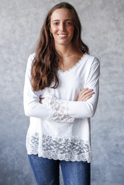 White Lace Trim V Neck Cuffed Long Sleeve Loose Top