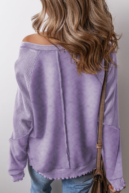 Orchid Petal Solid Waffelstrick Patchwork Raglanärmel Sweatshirt