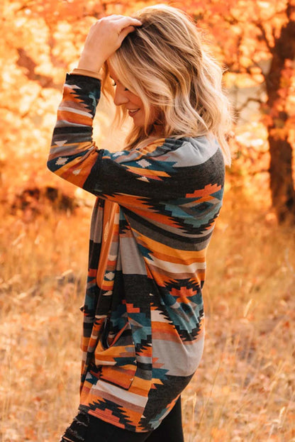 Orangefarbene Strickjacke mit Western-Tribal-Aztekenmuster