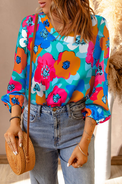 Mehrfarbige Bluse mit Blumenmuster und V-Ausschnitt und 3/4-Ärmeln