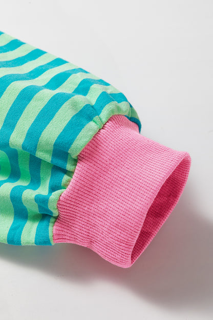 Übergroßes Pullover-Sweatshirt mit himmelblauen Streifen und Kontrastbesatz
