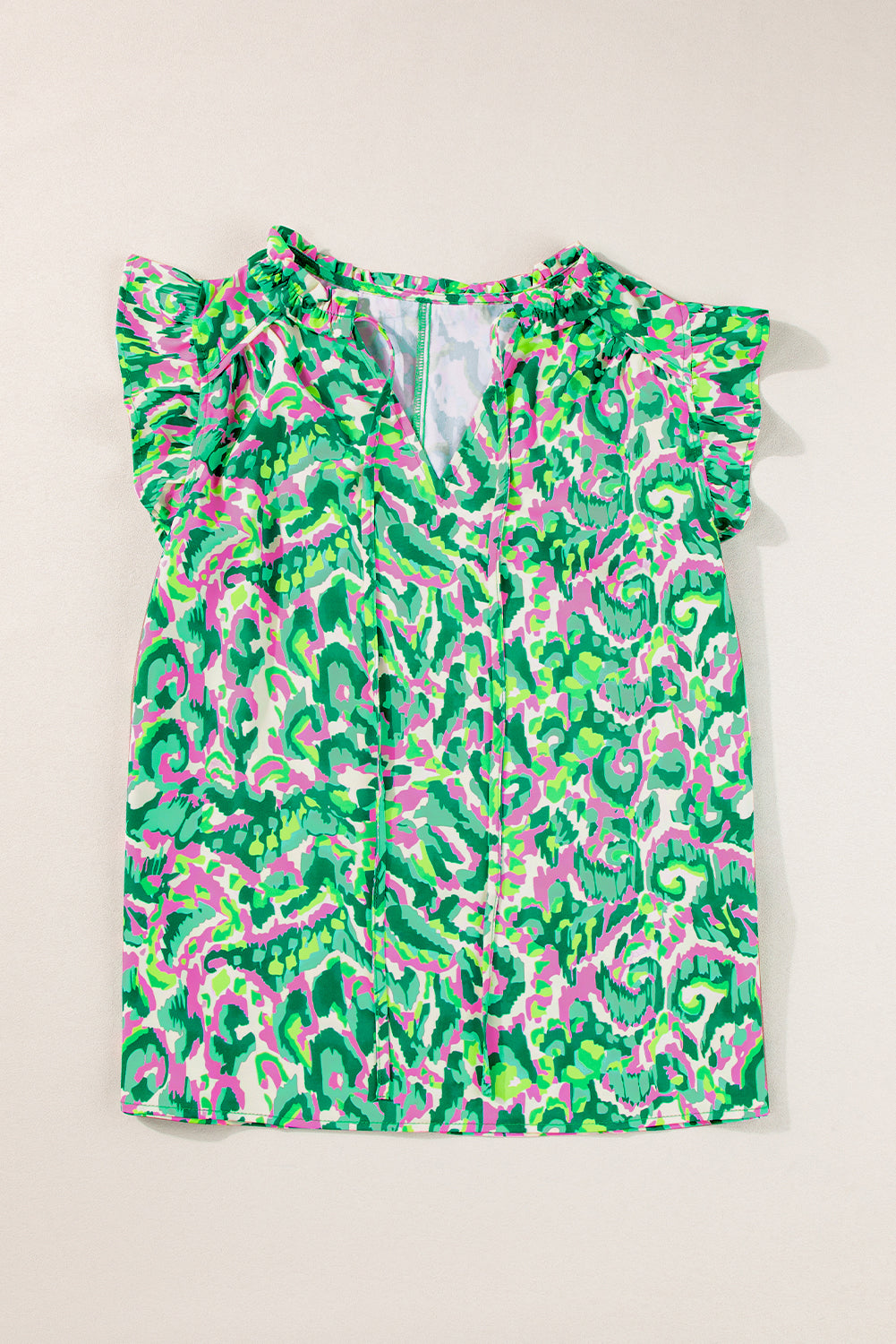 Green Pastel/Floral/Abstract Print Ruffled Trim Tied Split Neck Tank Top