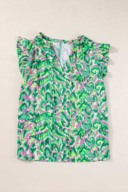 Green Pastel/Floral/Abstract Print Ruffled Trim Tied Split Neck Tank Top