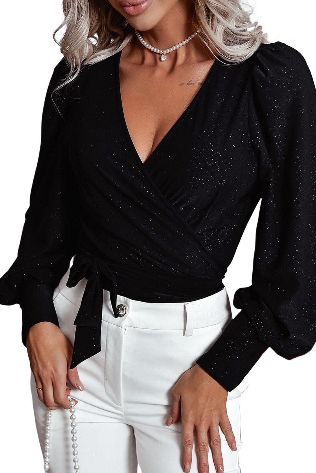 Schwarze Glitzer-Wickelbluse mit V-Ausschnitt, Bindesaum und Puffärmeln