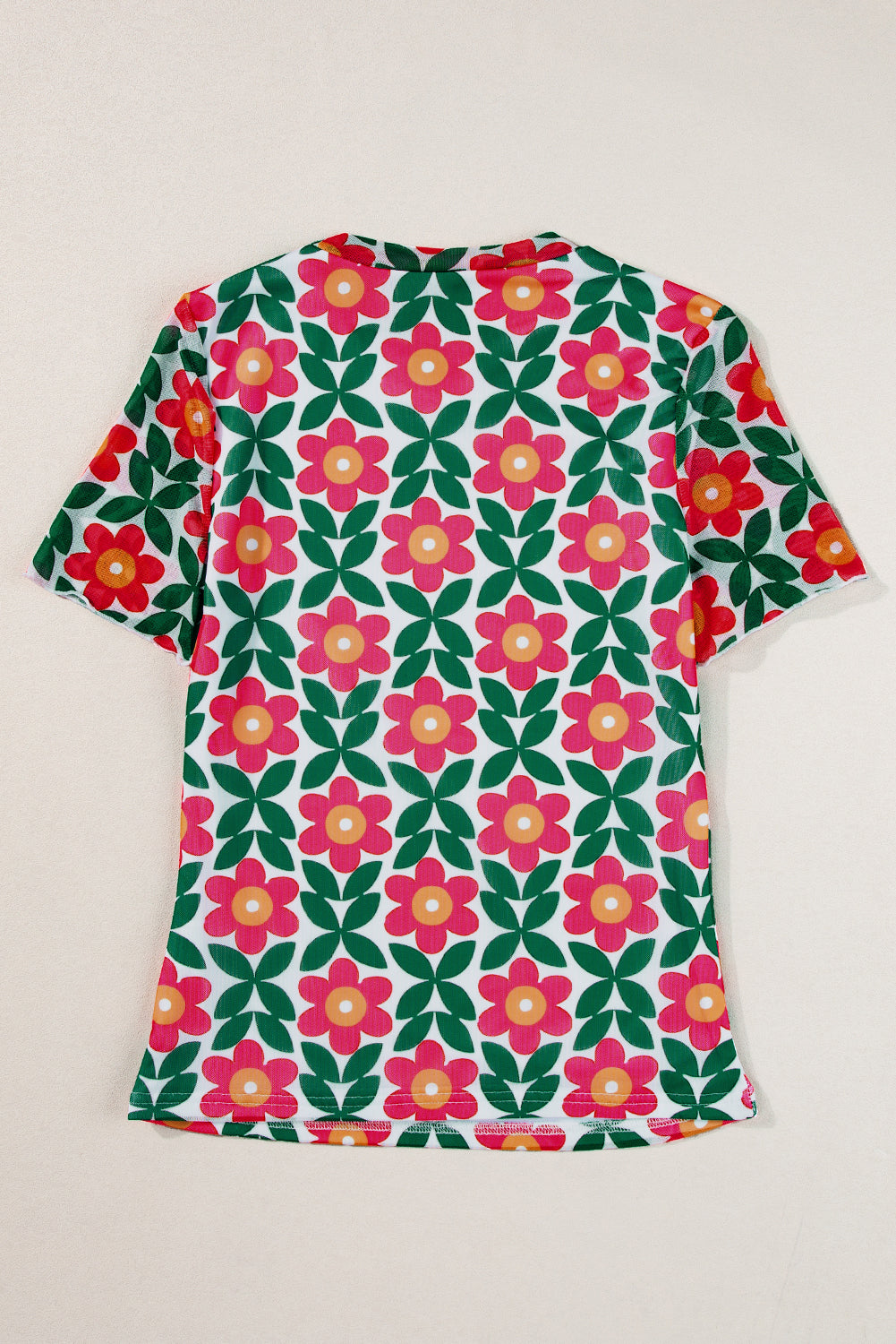 Feurig rotes T-Shirt mit Rundhalsausschnitt und Retro-Blumendruck