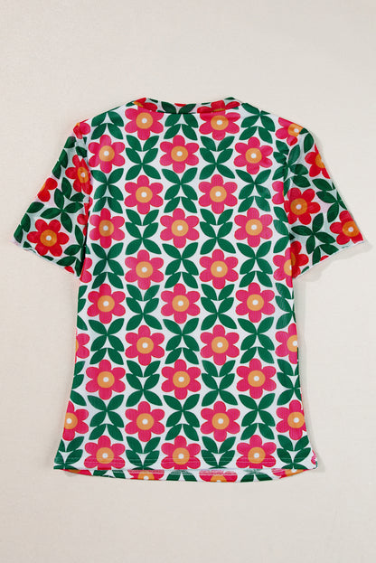 Feurig rotes T-Shirt mit Rundhalsausschnitt und Retro-Blumendruck