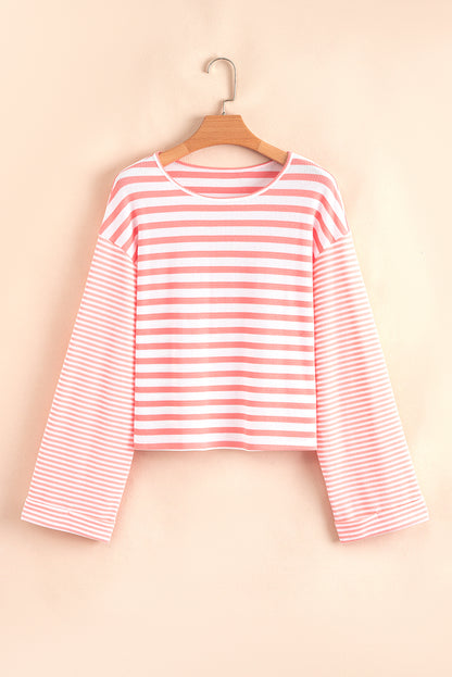 Pink Stripe Textured Contrast Dropped Long Sleeve Top