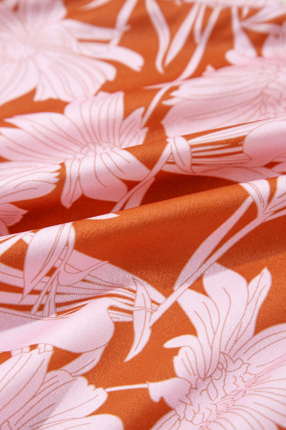 Braunes Lagenkleid mit Blumenmuster, Puffärmeln und gesmokten Taillen