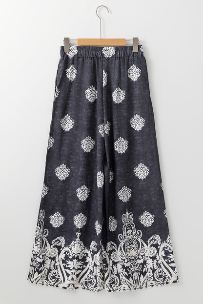Schwarze Hose mit weitem Bein und Bohemien-Print