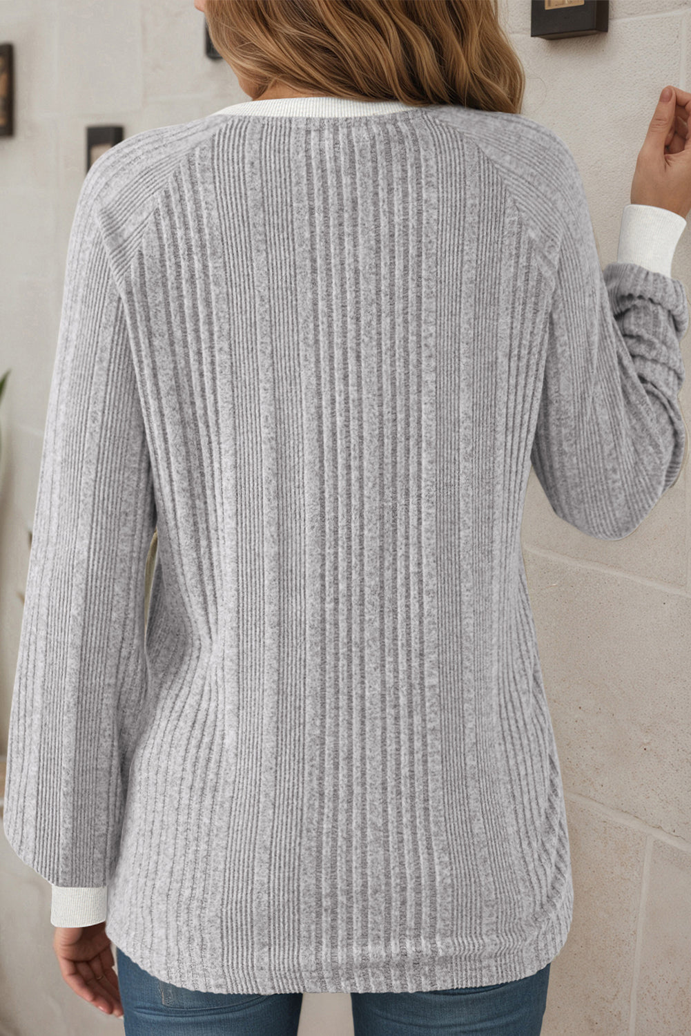 Gray Ribbed Contrast Cuffed Round Neck Long Sleeve T Shirt