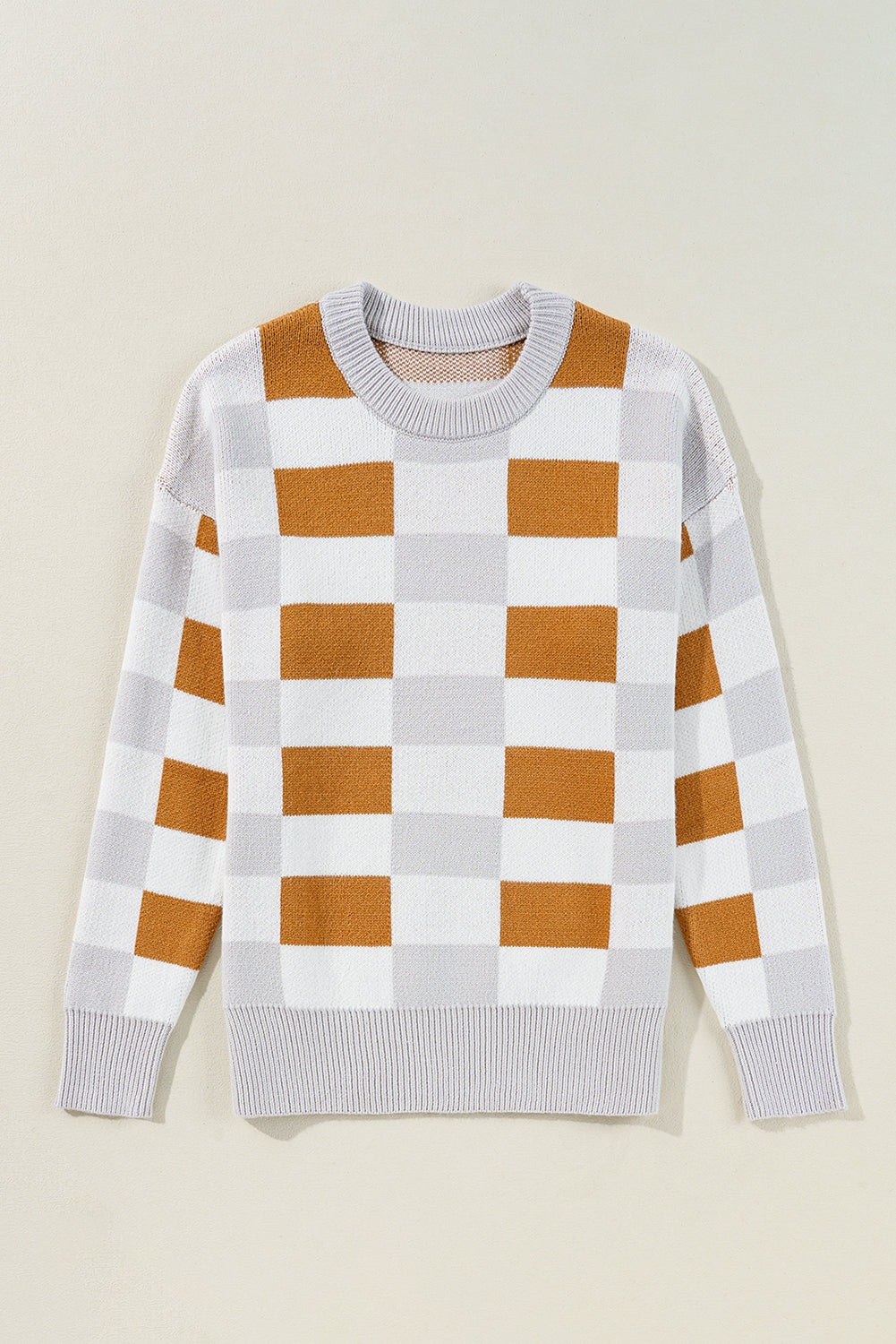 Khakifarbener Pullover mit Karomuster und geripptem Rand, Rundhalsausschnitt und überschnittenen Schultern