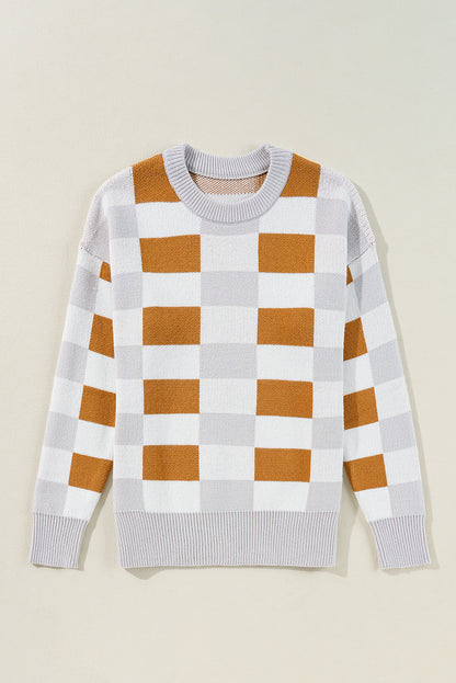 Khakifarbener Pullover mit Karomuster und geripptem Rand, Rundhalsausschnitt und überschnittenen Schultern