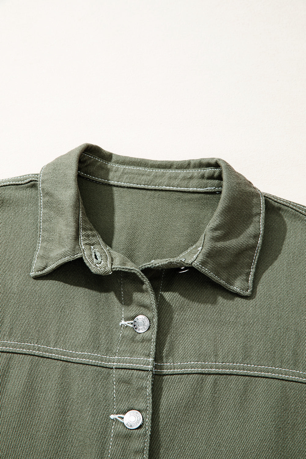 Smoke Green Patched Pocket Collared Button Front Boyfriend Denim Jacket