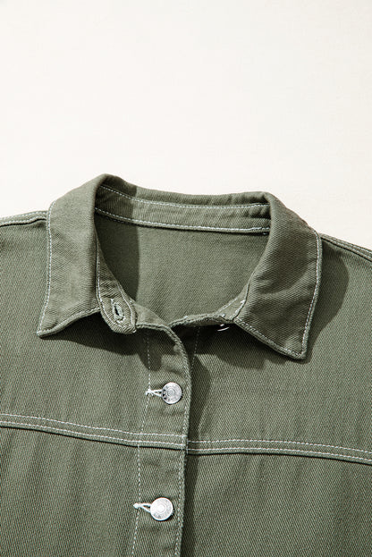 Smoke Green Patched Pocket Collared Button Front Boyfriend Denim Jacket