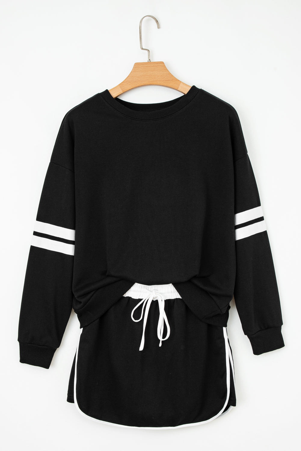 Black Varsity Stripe Detail Drop Shoulder Pullover Mini Skirt Set