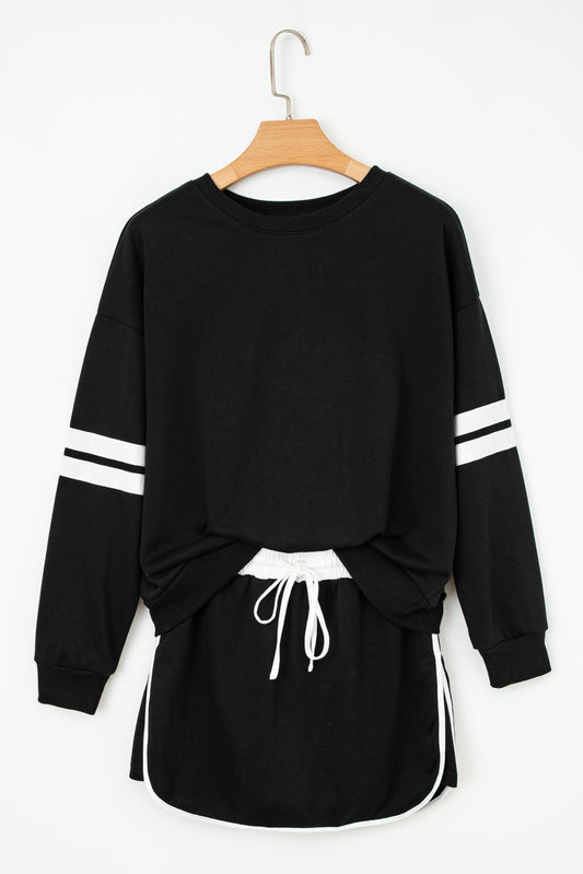 Black Varsity Stripe Detail Drop Shoulder Pullover Mini Skirt Set