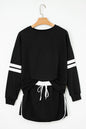 Black Varsity Stripe Detail Drop Shoulder Pullover Mini Skirt Set