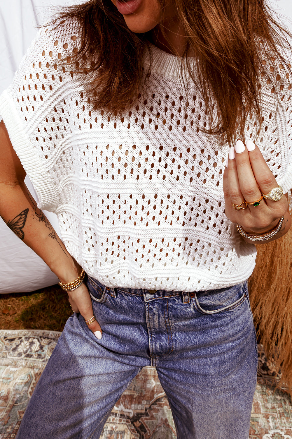 White Hollow Out Knit Round Neck Dolman Sweater