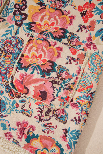 Beige Vintage Paisley Blumendruck Sherpa-gefütterte Kapuzenjacke