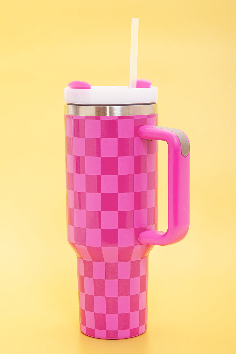 Edelstahlbecher mit Griff und Karomuster in leuchtendem Pink, 1,2 l