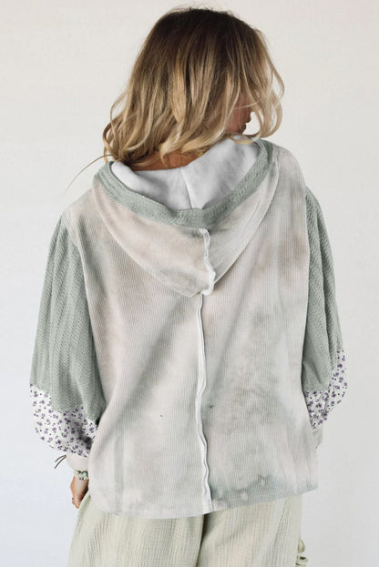 Green Floral Patched Waffle Textured Colorblock V Neck Casual Hooded Top