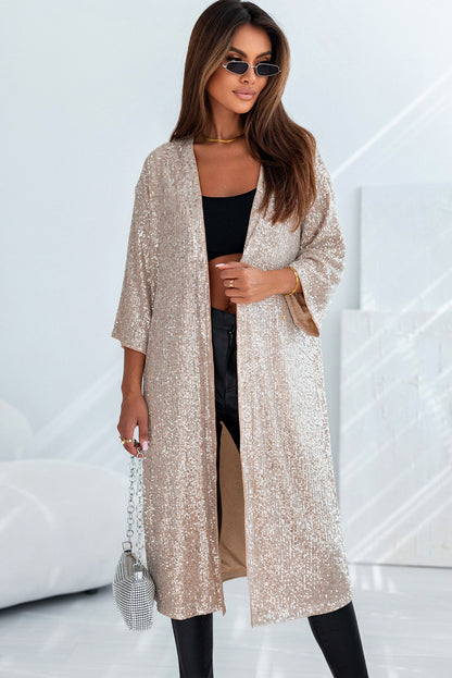 Aprikosenfarbener Kimono mit Pailletten und 3/4-Ärmeln und offener Vorderseite