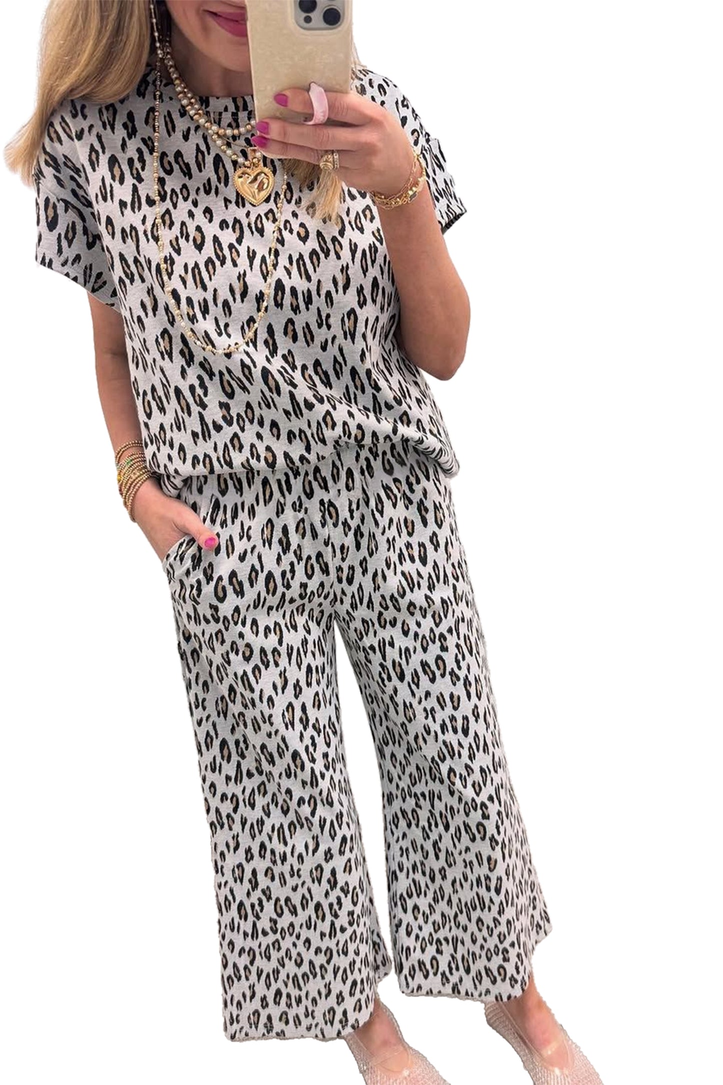 Beige Leopard Print Casual Tee and Pants 2pcs Outfit