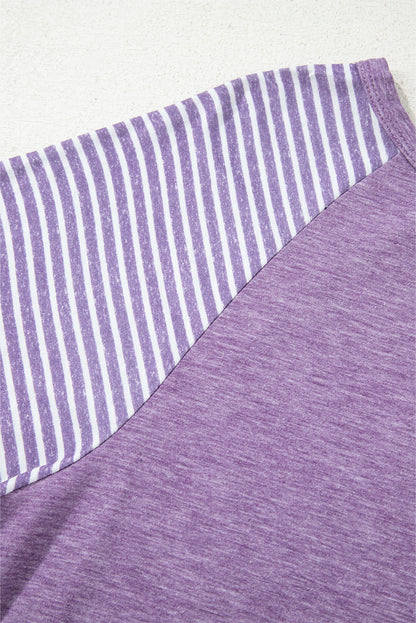 Tillandsia Purple Contrast Print Striped Raglan Long Sleeve Loose Top