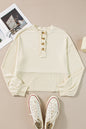 Aprikosenfarbenes Henley-Sweatshirt mit Kordelstruktur, Laternenärmeln und Knöpfen