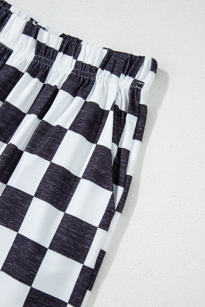 Schwarze Hose mit weitem Bein und hoher Taille im zweifarbigen Karomuster