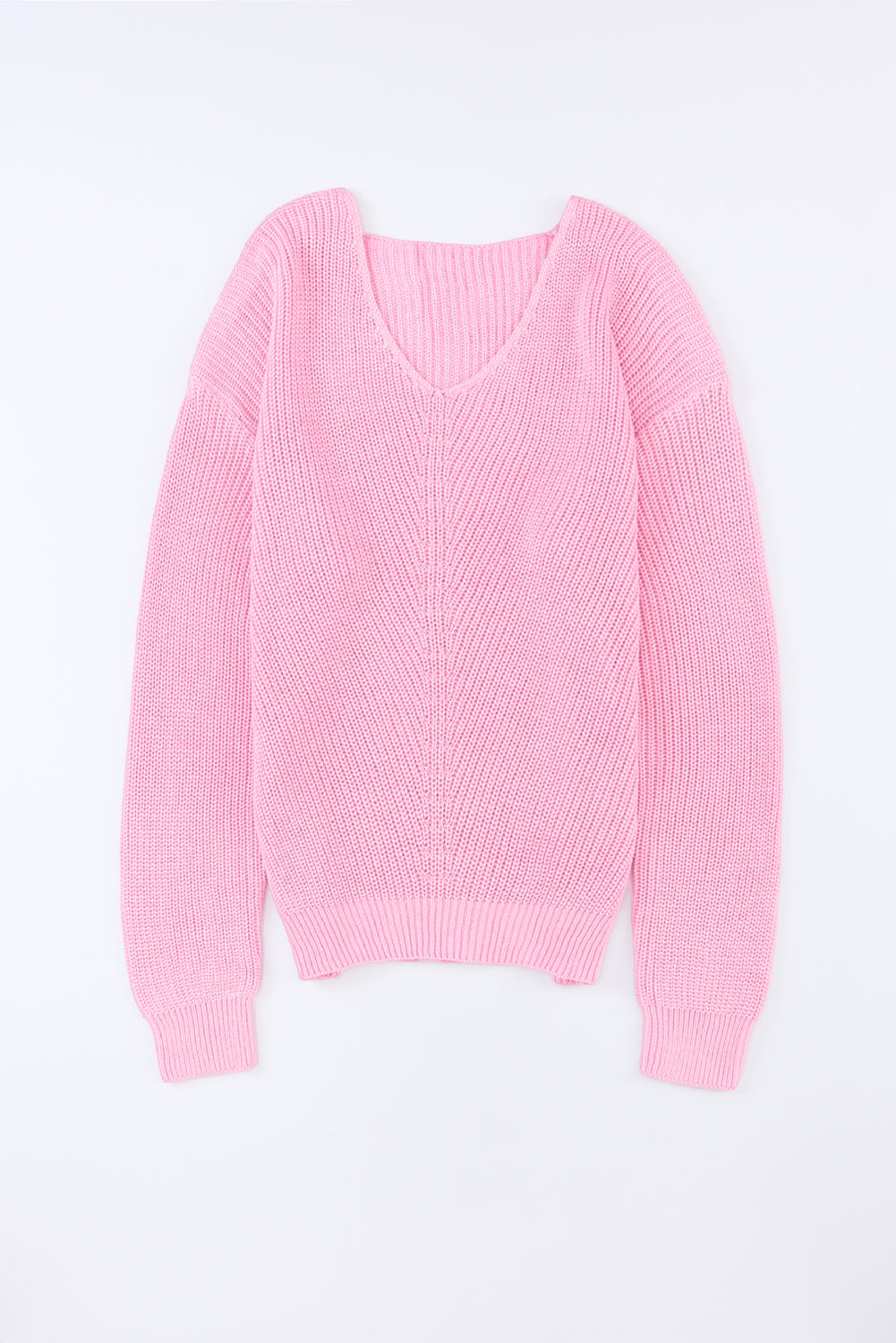 Rosa Rippstrickpullover mit V-Ausschnitt