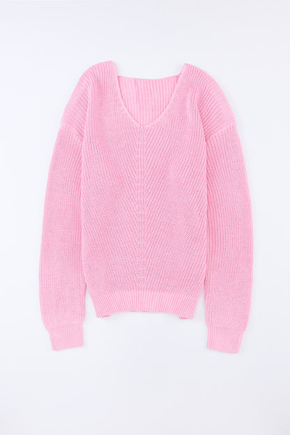 Rosa Rippstrickpullover mit V-Ausschnitt