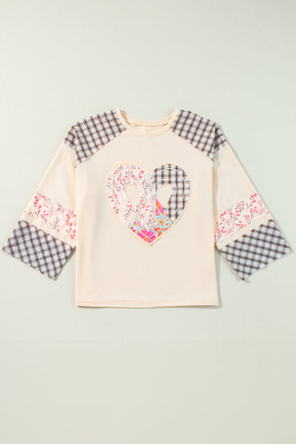 Beiges, kariertes, florales Langarm-Top mit Peace-Herz-Grafik