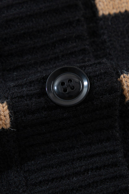 Schwarz gestreifte, lockere Strickjacke mit V-Ausschnitt und überschnittenen Schultern