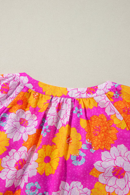 Bluse mit Volantärmeln und Reverskragen und Rosen-Blumendruck