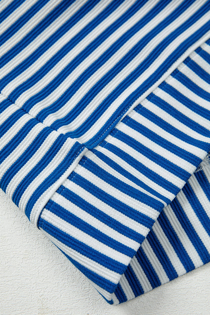 Blue Stripe Quarter Zip Collar Pullover Long Sleeve Top