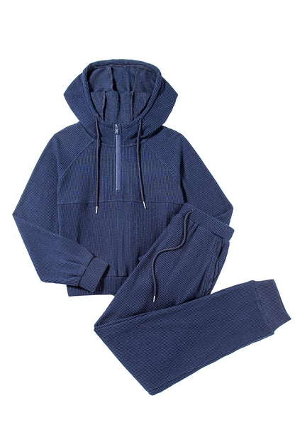 Marineblaues Set aus kurzem Hoodie und Jogginghose mit Kordelzug