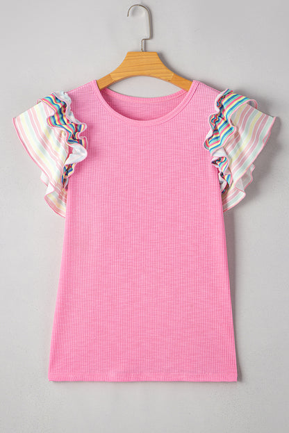 Bonbon – Gerippte Bluse mit gestreiften Rüschen und Flatterärmeln