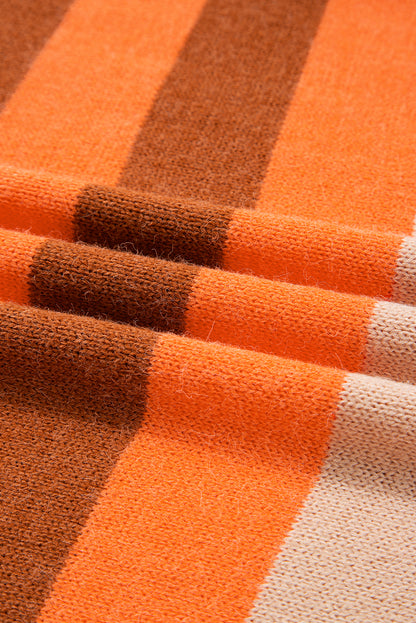 Orange Stripe Color Block High Neck Drop Shoulder Cozy Sweater
