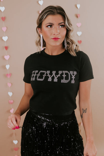 Schwarzes HOWDY Slim Fit T-Shirt mit Rundhalsausschnitt und Strass