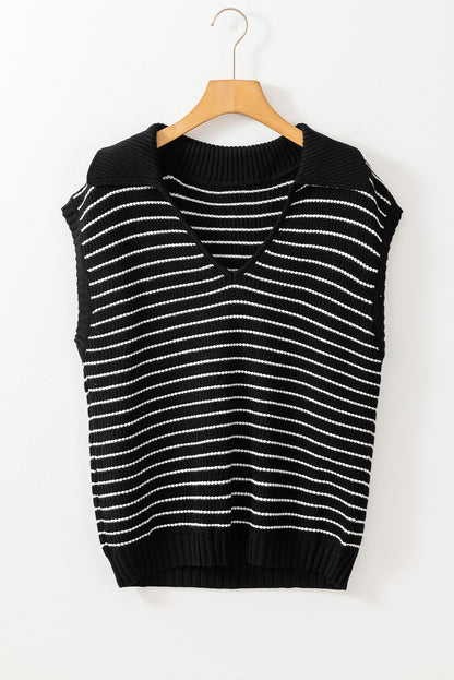 Schwarzes, gestreiftes Umlege-Tanktop mit V-Ausschnitt