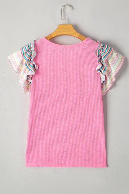 Bonbon – Gerippte Bluse mit gestreiften Rüschen und Flatterärmeln