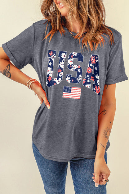 Graues, blühendes T-Shirt mit USA-Flaggen-Print