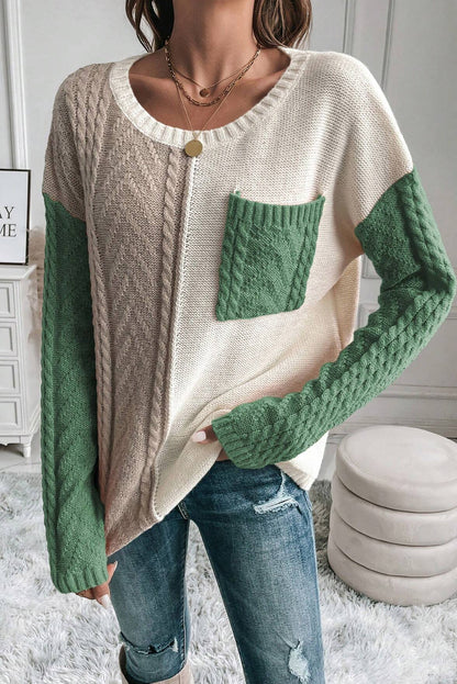Vineyard Green Colorblock Pullover mit aufgesetzten Taschen und überschnittener Schulter