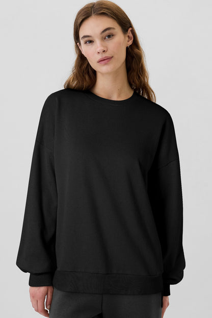 Schwarzes, einfarbiges Sweatshirt mit Fleecefutter und überschnittener Schulterpartie und hohem Bund