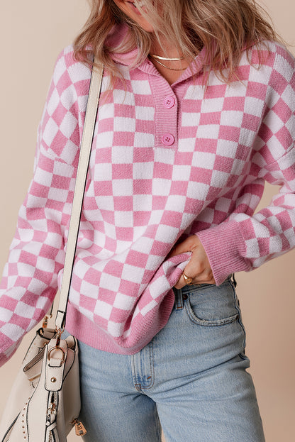 Rosa karierter Pullover mit Knöpfen, Kragen, V-Ausschnitt und überschnittenen Schultern