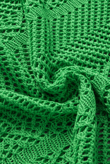 Grünes, kurzärmliges Pointelle-Stricktop mit Muschelsaum