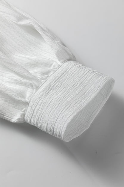 White Crinkled Texture Lantern Sleeve Button Down Loose Shirt
